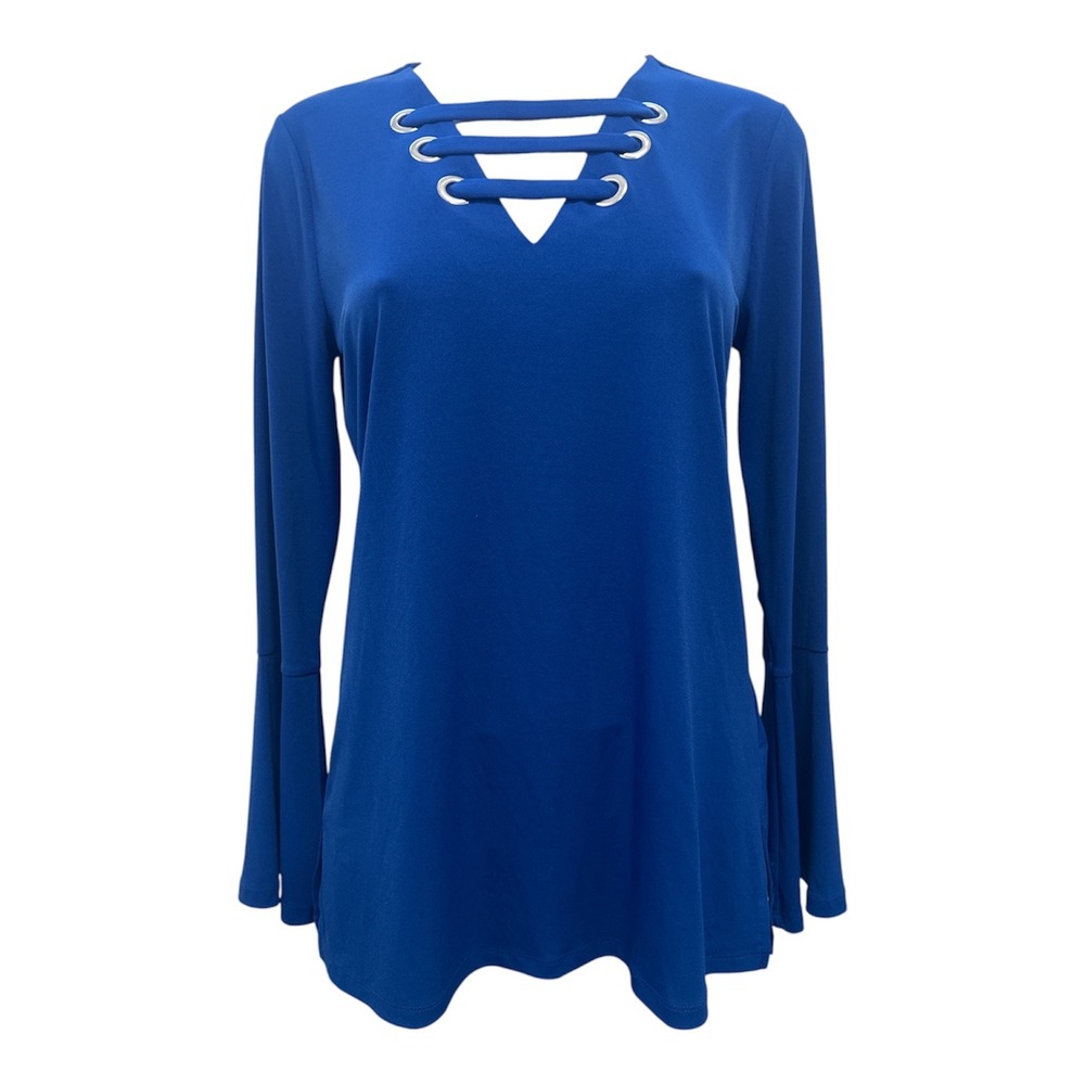 Michael Kors Top Women Small Blue Lace Up Bell Sleeve Grommet V-Neck